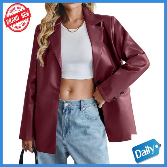 Jackets & Blazers - Oversized Faux Leather Blazer Bomber Jacket Long Sleeve Button Front Pockets